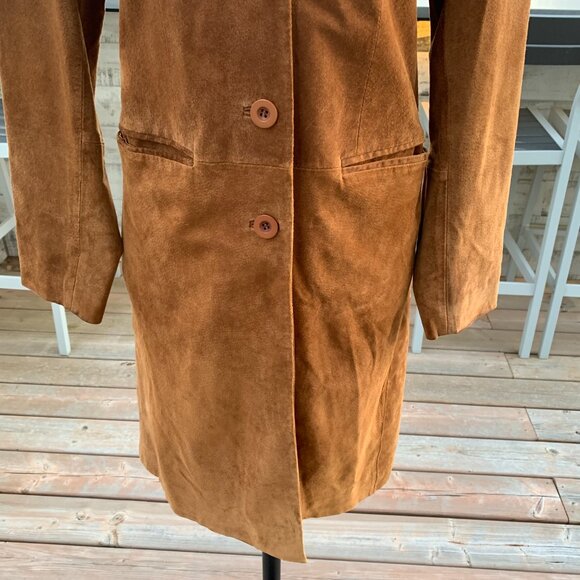 Vintage Bagatelle Camel Suede Leather Long Midi Overcoat Blazer Trench Coat - Picture 3 of 16